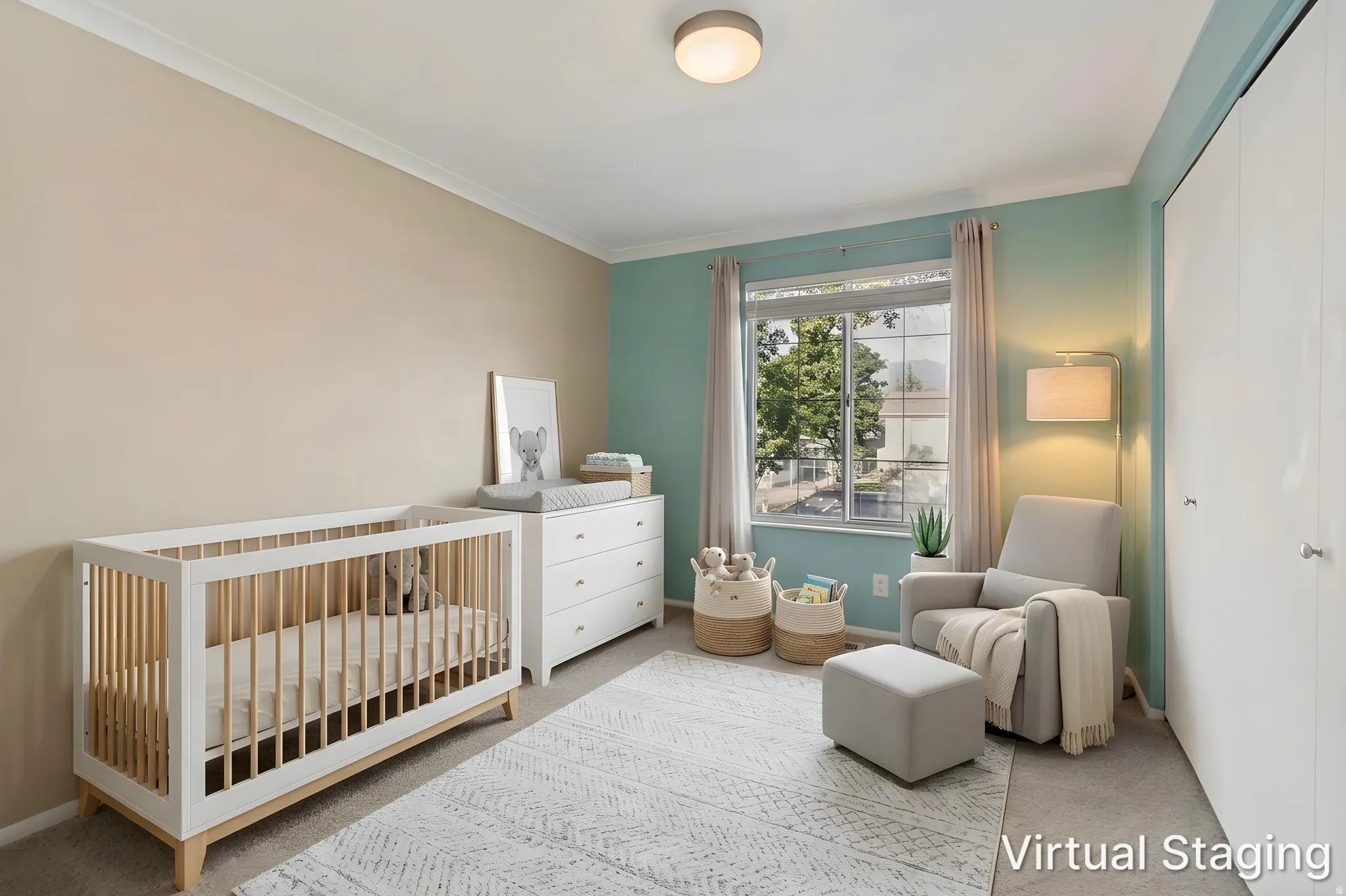 Recessed ceiling light fixture, crown molding, window with outdoor scenery, wall-to-wall carpeting, and bi-fold closet doors