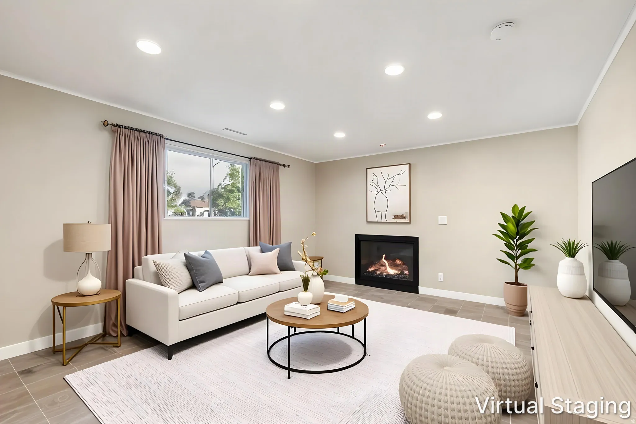 Recessed lighting, a built-in fireplace, crown molding, and tiled flooring