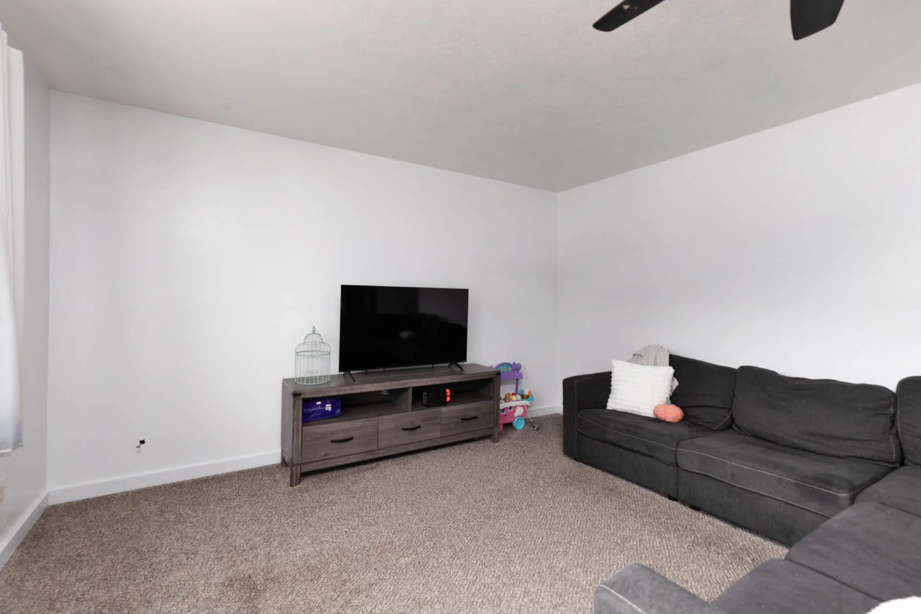 Carpeted living space with white walls
