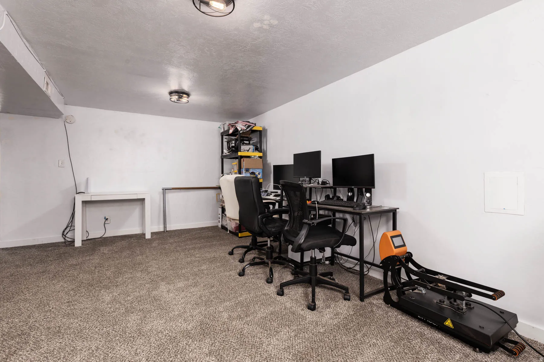 Finished room featuring neutral carpeting and white painted walls