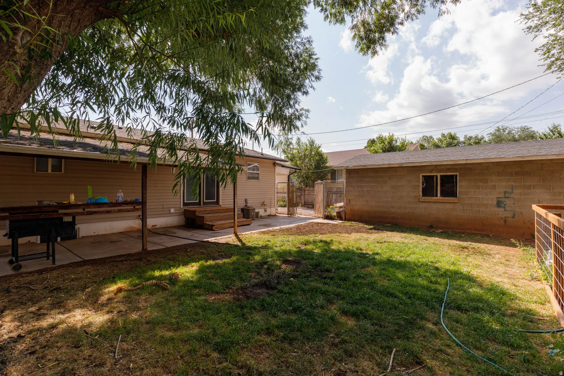 Backyard featuring a covered patio with concrete flooring, a large shade tree, and a detached structure with a window