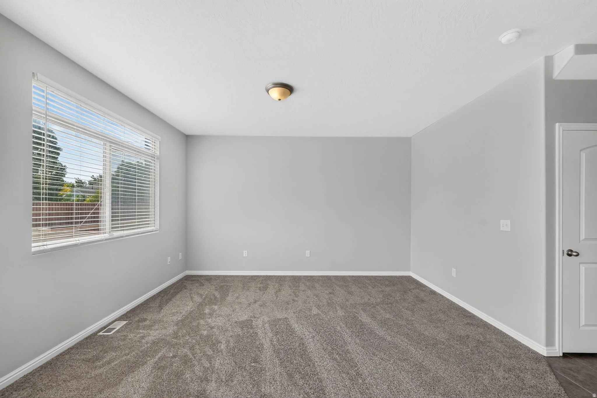 Neutral-toned interior room featuring light gray walls, plush gray carpeting, and white baseboards