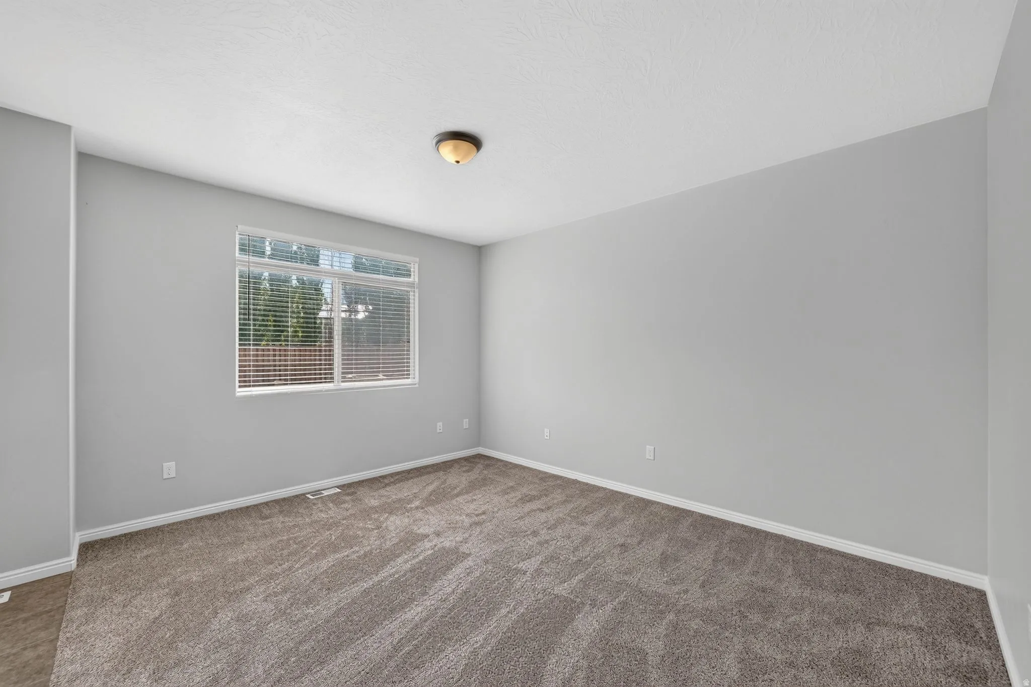 Carpeted room with a large window featuring horizontal blinds