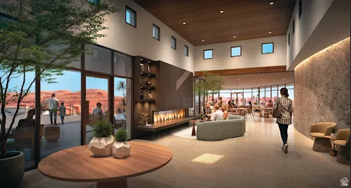 Spacious communal lounge featuring a contemporary linear fireplace, wood-finish ceiling, large format glass paneling, and an exposed aggregate floor