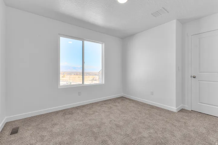Bright interior space featuring a double-pane window, neutral carpet, white walls, a single ceiling light fixture, and a white paneled door