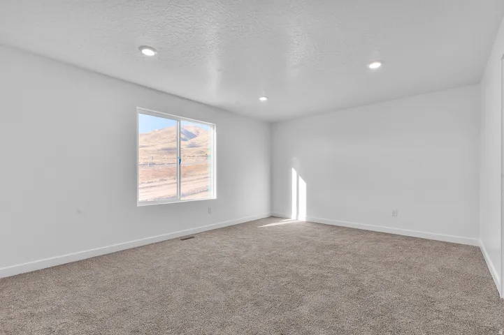 Spacious room featuring neutral carpet flooring, recessed ceiling lighting, and a large window showcasing a distant mountainous landscape