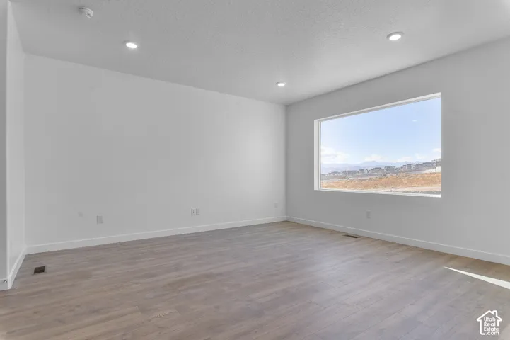 Expansive room featuring wood-finish flooring and recessed lighting