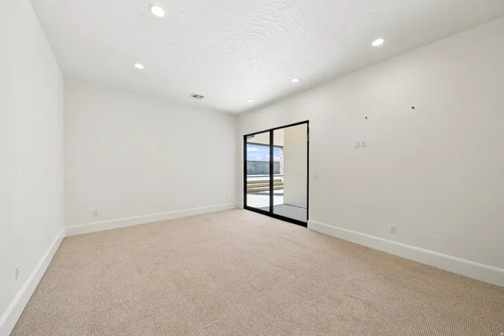 Recessed ceiling lighting, a sliding glass door with a black frame, and neutral carpeting