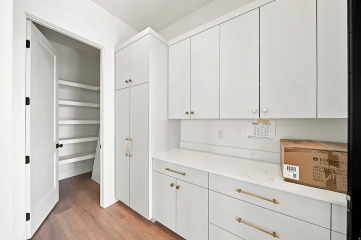 White cabinetry with gold-tone hardware, white countertop, white tile backsplash, wood-finish flooring, and pantry with built-in shelving