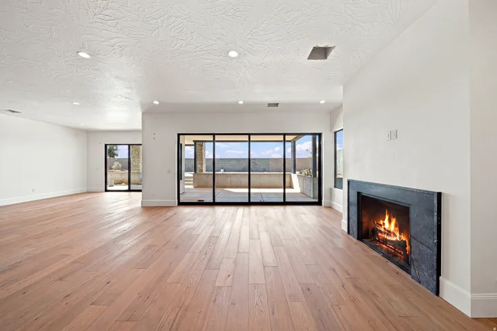 Wide plank wood-finish flooring, recessed lighting, and a modern fireplace with a dark stone surround