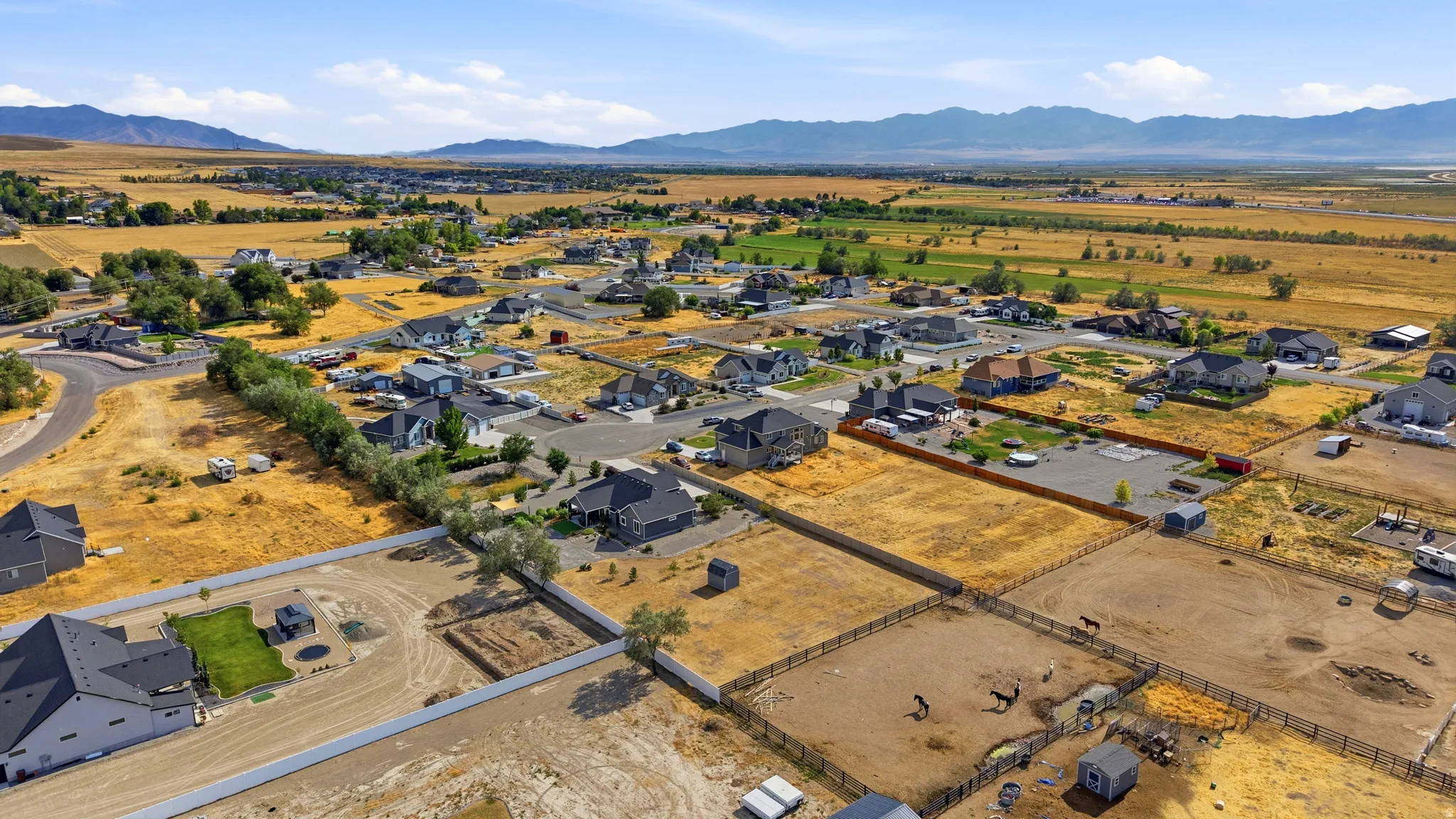 Aerial perspective showcasing a residential community with varied lot sizes