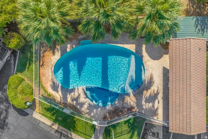 Freeform swimming pool with an integrated spa, surrounded by a concrete deck