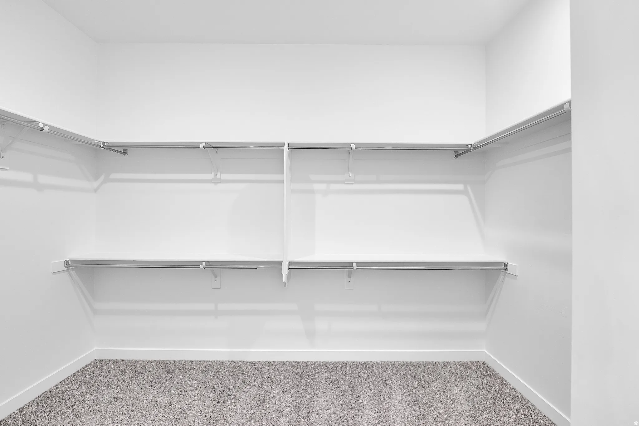 Walk-in closet featuring white painted walls, gray carpet flooring, white baseboards, multiple integrated shelving units, and chrome hanging rods