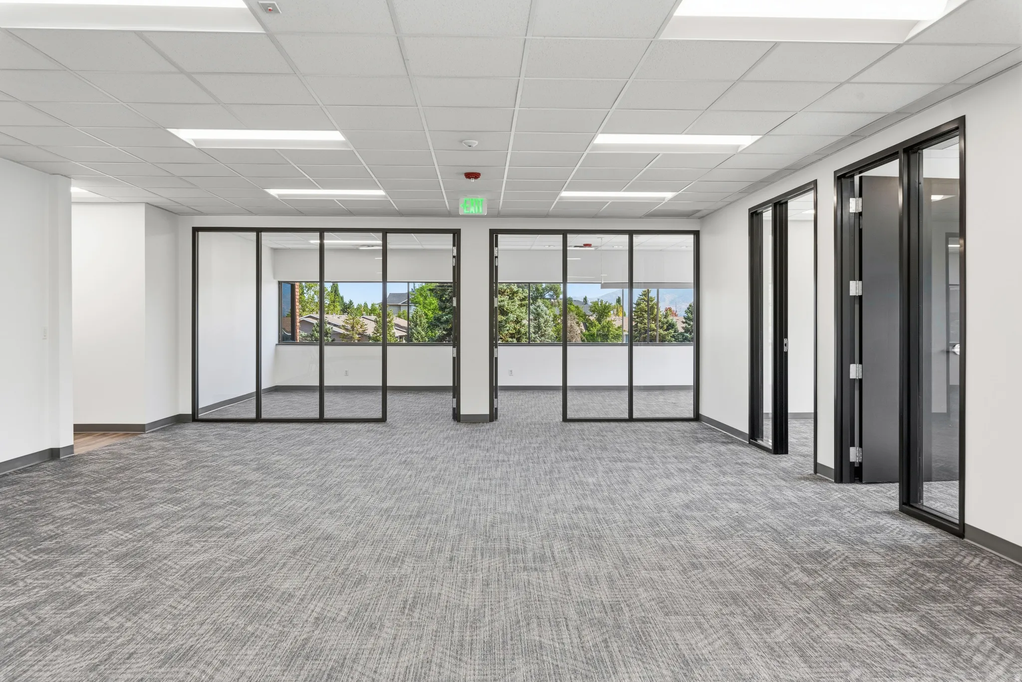 Open-concept commercial space featuring gray patterned carpeting and a white acoustic tile ceiling with integrated rectangular lighting