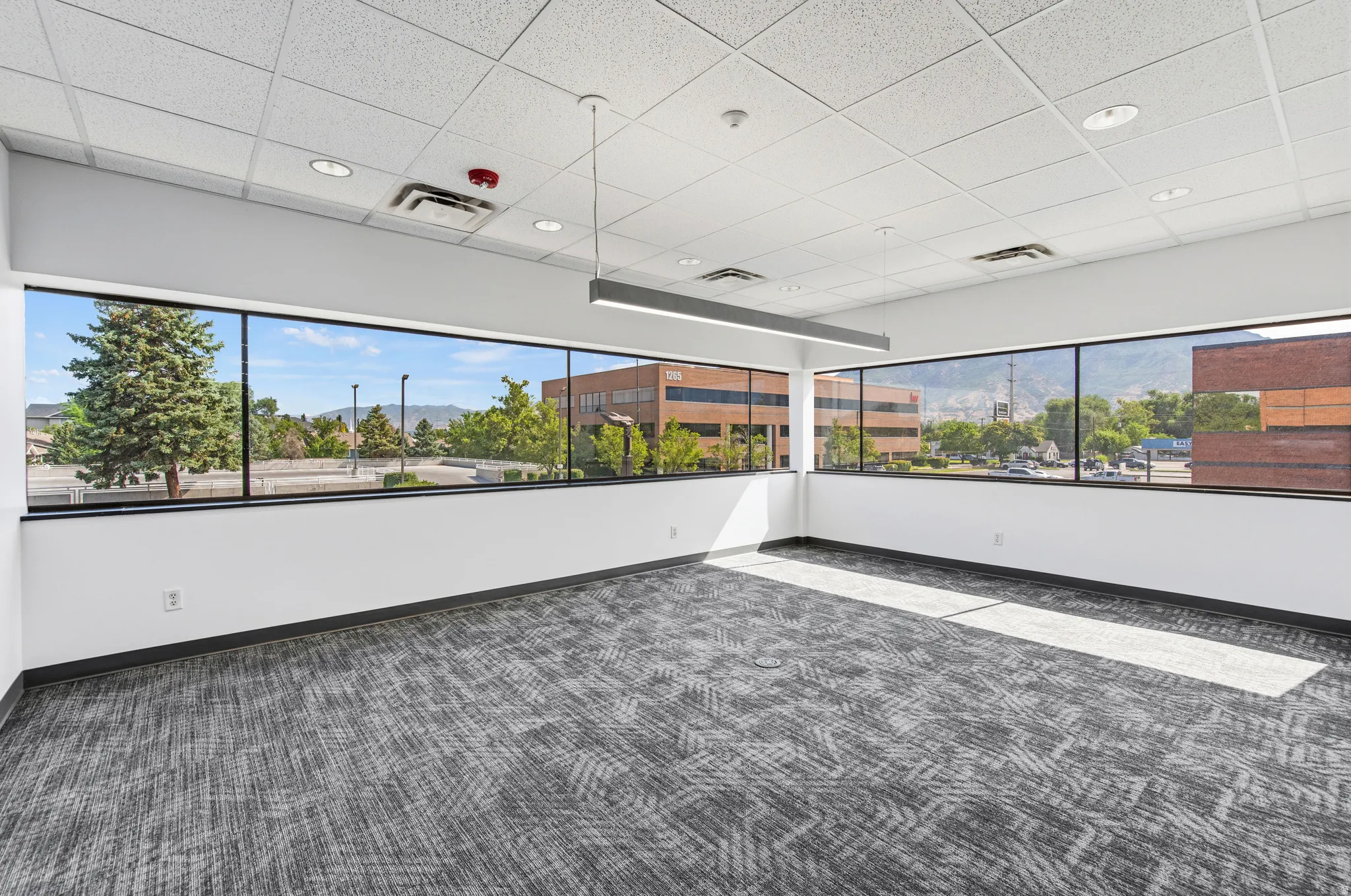 Expansive window line featuring views of mature trees and distant mountains