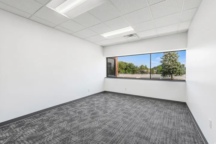 Spacious room featuring a wide window, neutral white walls, patterned carpeting, and a drop ceiling with integrated lighting