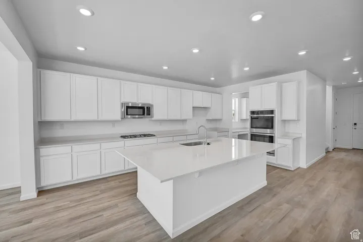 Modern kitchen featuring an expansive center island with an integrated sink, white cabinetry, integrated stainless steel appliances, recessed ceiling lighting, and wood-finish flooring
