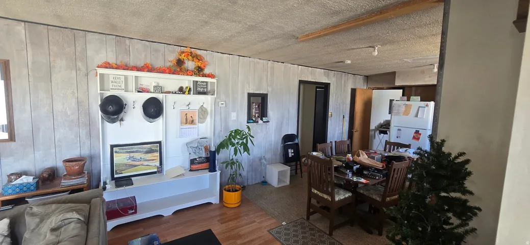 Wood-finish flooring complements vertical paneling in this living area