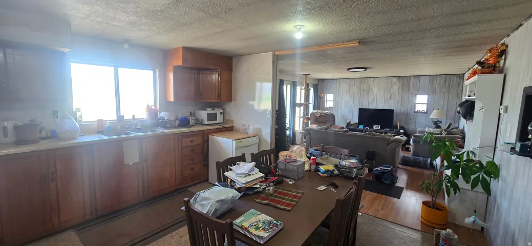 Kitchen and dining area featuring wood cabinetry, a double basin sink, and a dining table