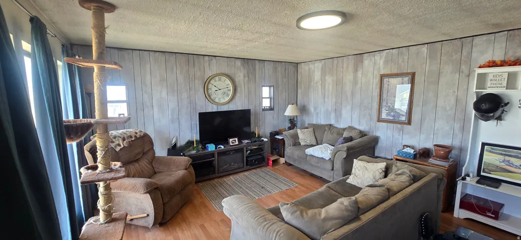 Living area featuring wood-finish flooring, vertical paneling, and a flush-mount ceiling light
