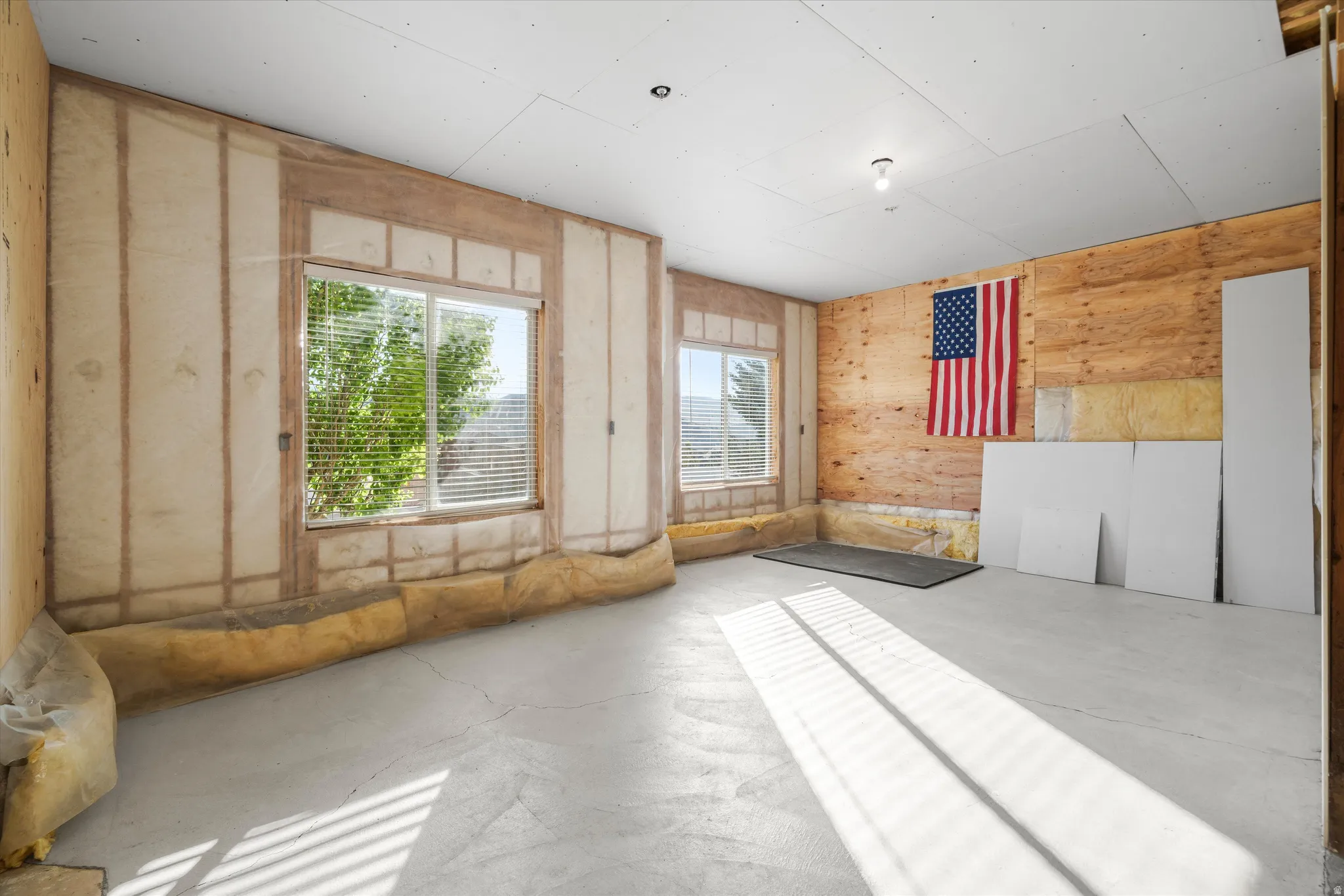 Unfinished interior space featuring two windows with blinds, exposed wall framing, and insulation