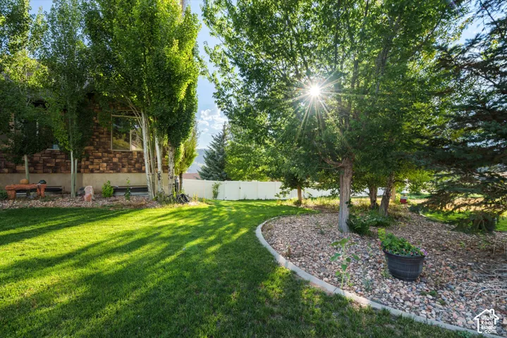Expansive lawn with mature trees, a defined rock border, and a privacy fence