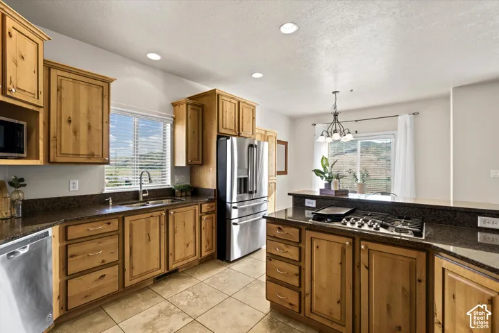 Kitchen featuring wood cabinetry, dark stone countertops, stainless steel appliances, and tile flooring