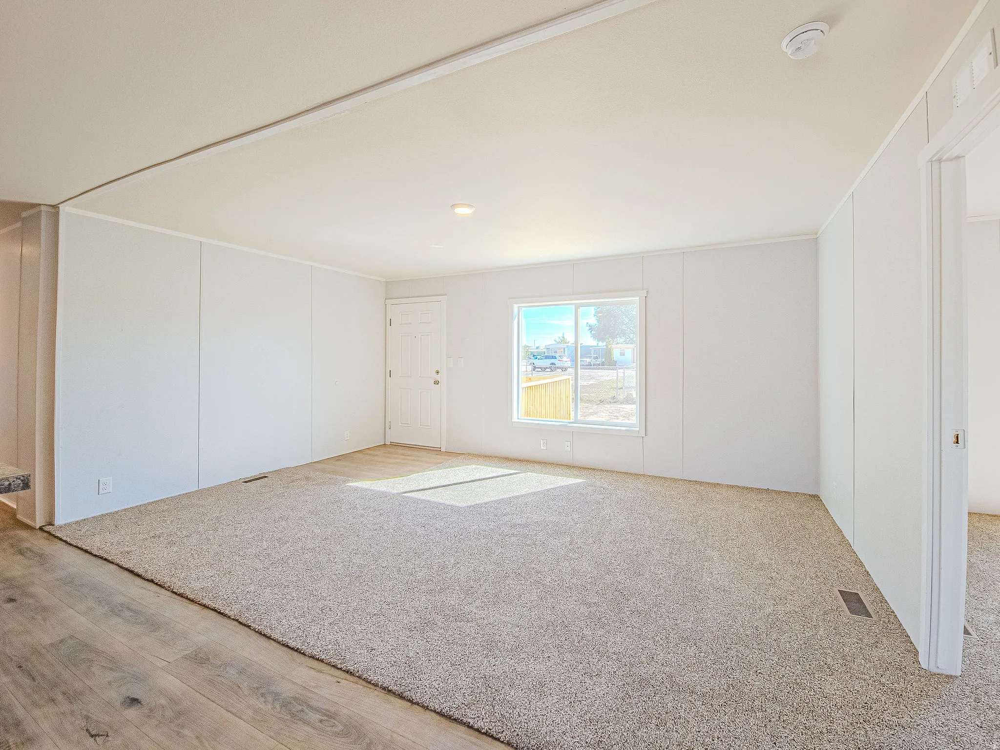 Expansive living area featuring carpet flooring, wood-finish flooring, a white paneled entrance door, a double-pane window, and recessed ceiling lighting