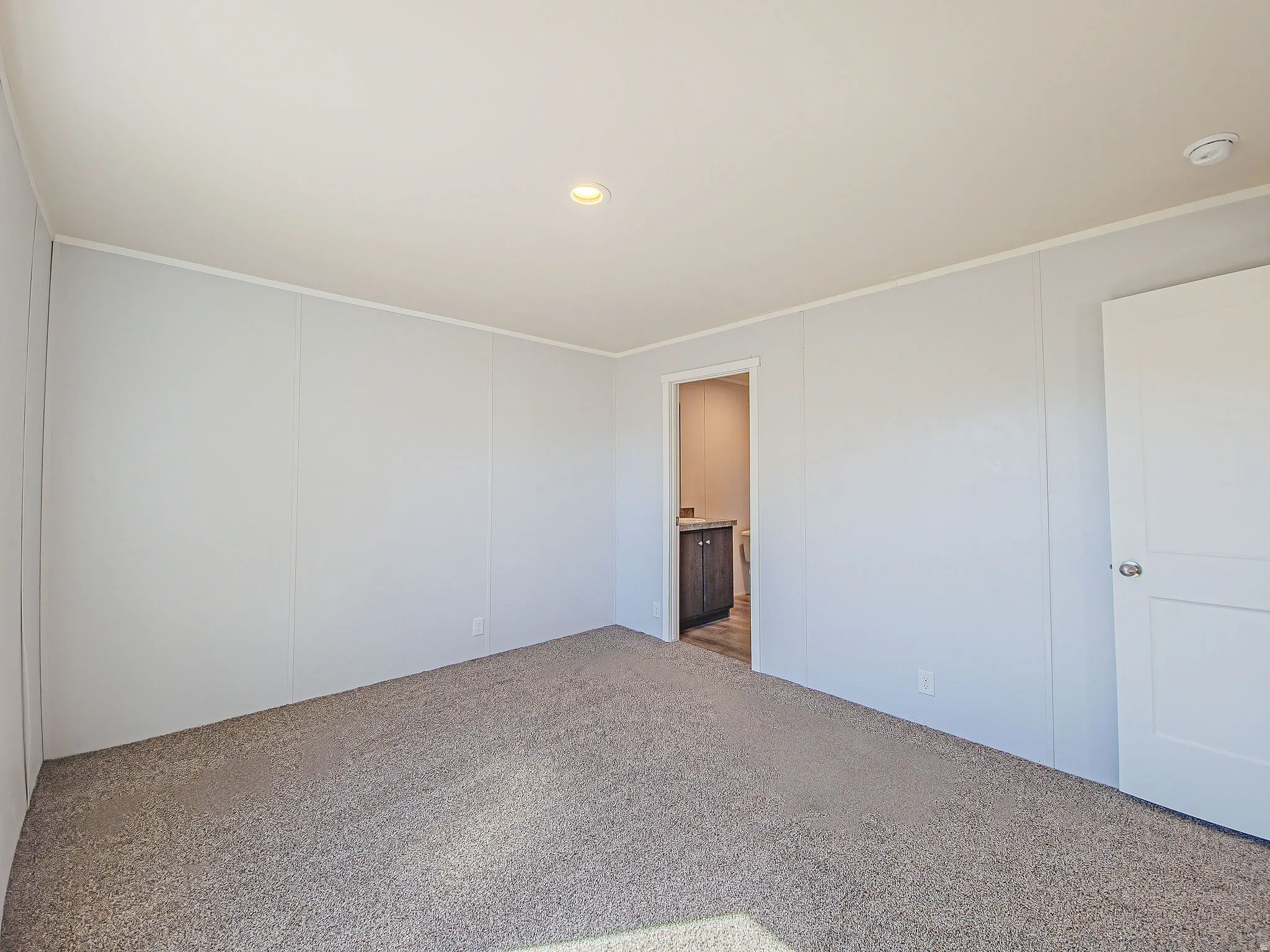 Carpeted room with recessed lighting and a white paneled door