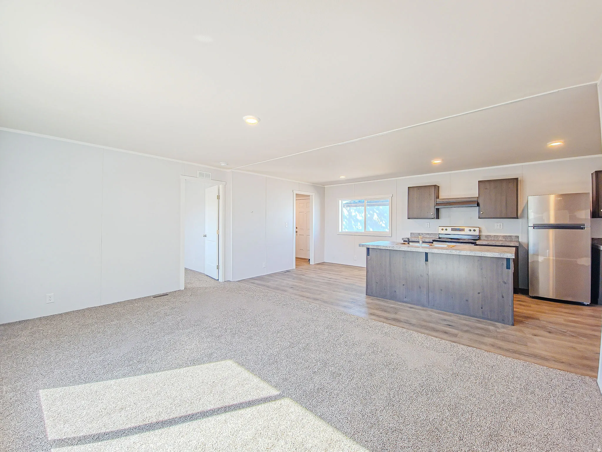 Open-concept living area with light gray carpeting and wood-finish flooring