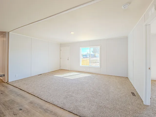 Expansive living area featuring carpet flooring, wood-finish flooring, a white paneled entrance door, a double-pane window, and recessed ceiling lighting