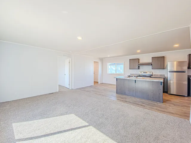 Open-concept living area with light gray carpeting and wood-finish flooring