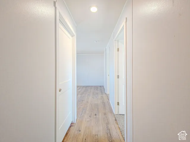 Hallway with wood-finish flooring and multiple white doors