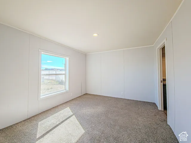 Recessed ceiling lighting, carpeted flooring, and a single window with white trim