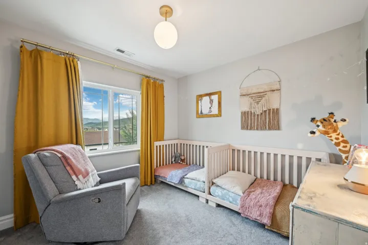 Bedroom featuring carpeting, a multi-pane window, and a ceiling-mounted light fixture