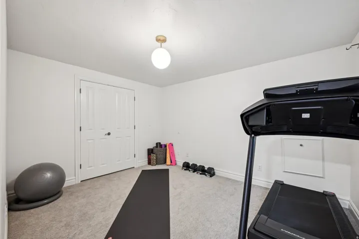 Carpeted room with a double bifold door, white baseboards, and a contemporary ceiling light fixture