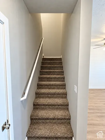 Carpeted staircase with white handrail and neutral wall paint