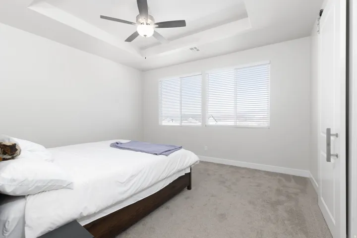 Recessed tray ceiling with a modern ceiling fan, multiple windows with blinds, light-toned carpeting, and a white sliding barn door with a brushed nickel handle