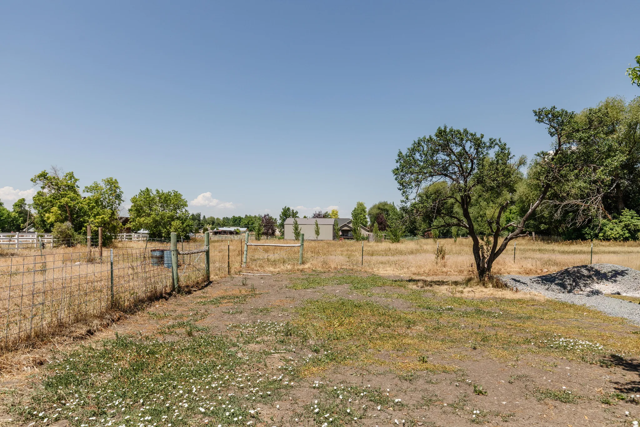 Expansive land parcel featuring open fields, perimeter fencing, and mature trees