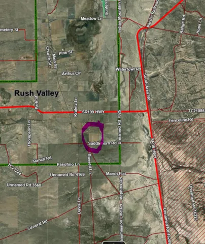 Satellite Map. Highlighting a specific area within Rush Valley, detailing surrounding roads and geographic features