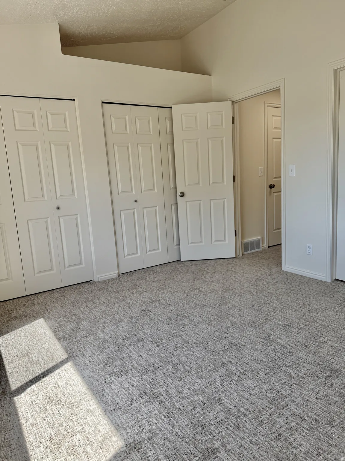 Spacious room featuring light-toned carpeting with a subtle pattern, multiple panel doors, and a neutral wall palette
