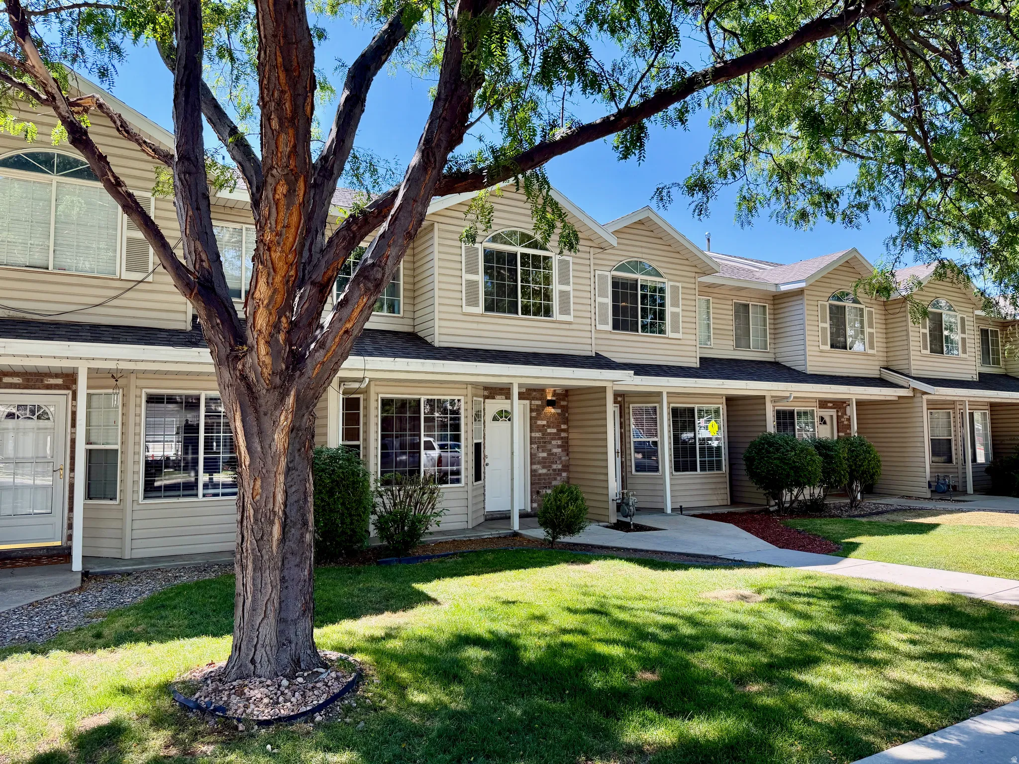 Townhome exterior featuring light beige siding, white trim, and dark shingle roofing