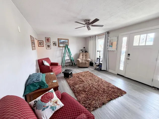 Living room featuring light wood-type flooring, a ceiling fan, and a textured ceiling