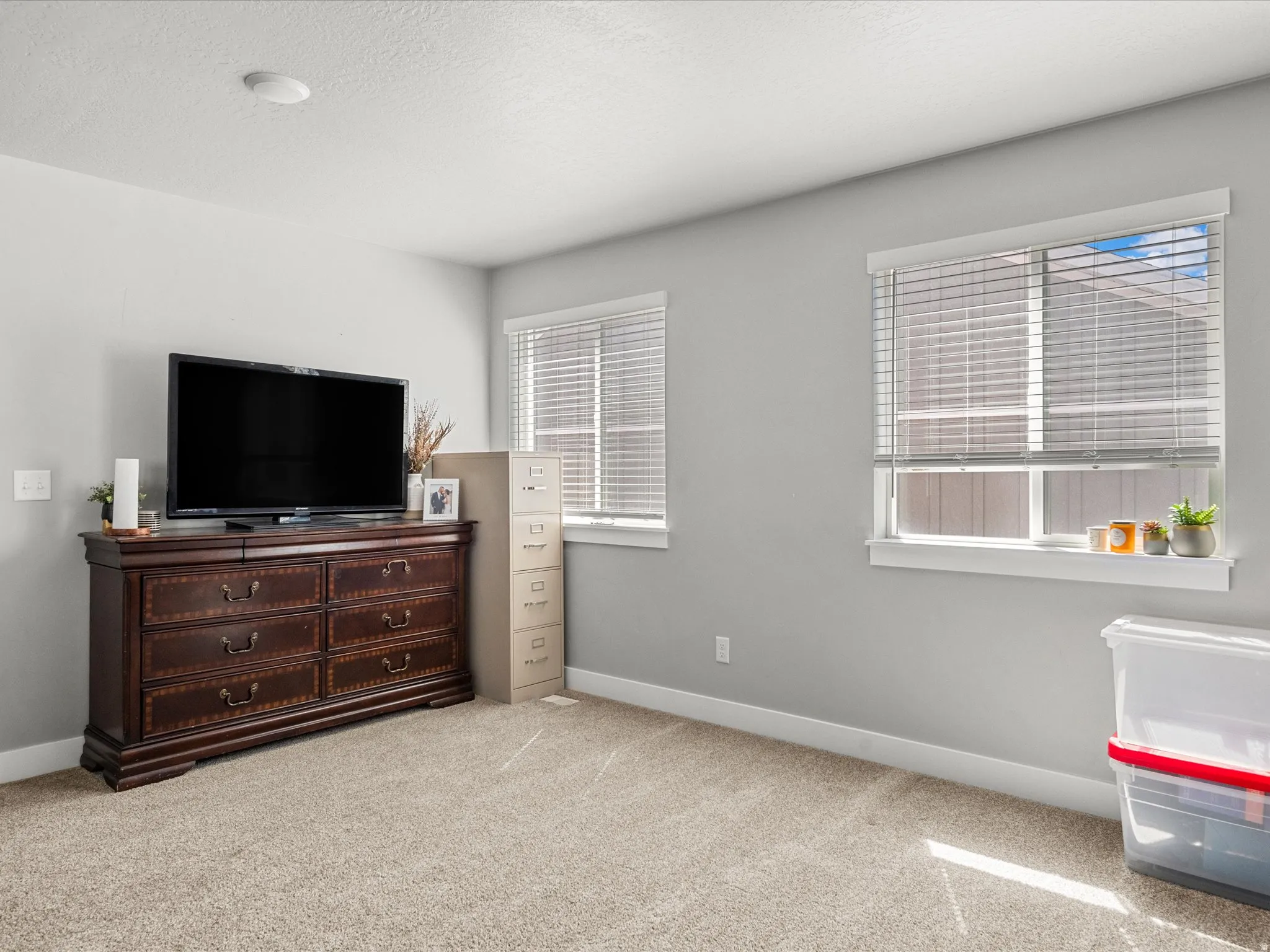 Carpeted room with light gray walls, white baseboards, and two windows featuring blinds