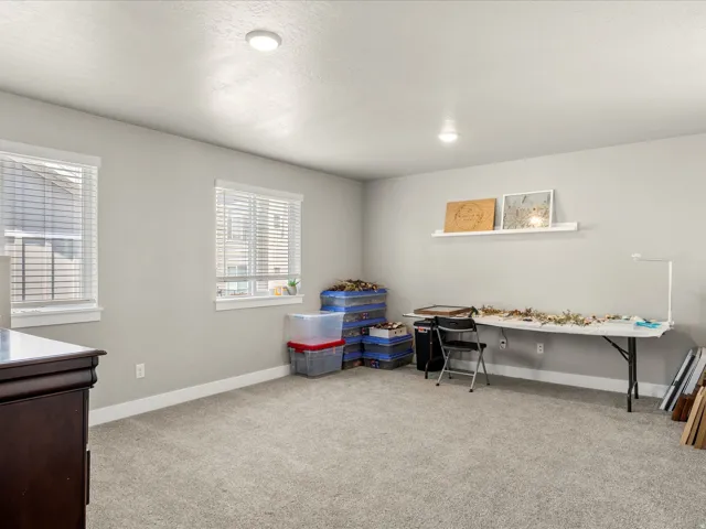 Spacious room featuring neutral carpeting and light gray walls