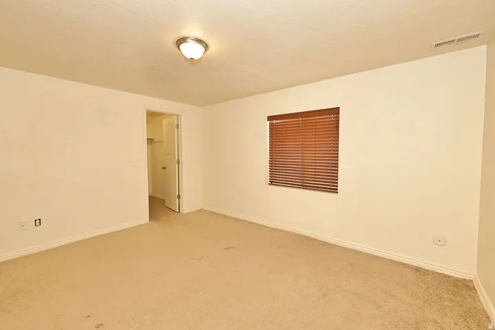 Spacious room featuring neutral carpeting, a window with wood-tone blinds, a flush-mount ceiling light fixture, and an open closet with shelving