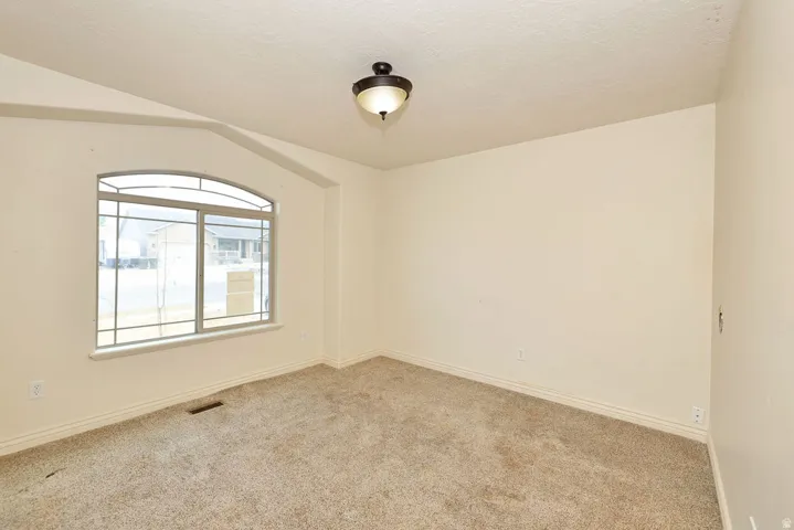 Arched window with decorative grilles, carpet flooring, a flush-mount ceiling light fixture, and neutral wall tones