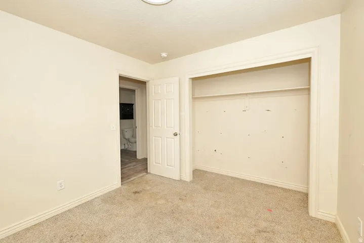Spacious room featuring neutral carpeting, light-toned walls, and a built-in closet with shelving