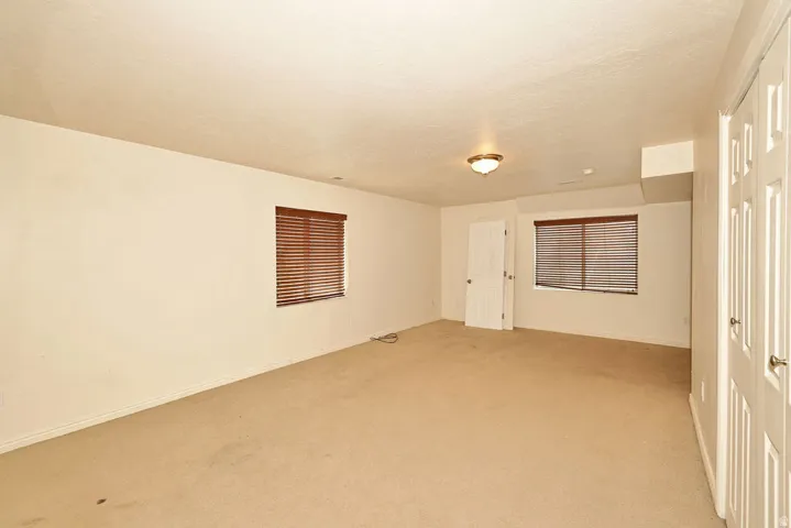 Spacious room featuring neutral carpeting, two windows with wood-tone blinds, a flush-mount ceiling light fixture, and two paneled interior doors