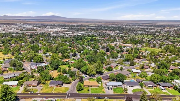 Expansive neighborhood showcasing mature trees and diverse residential architecture under a clear sky
